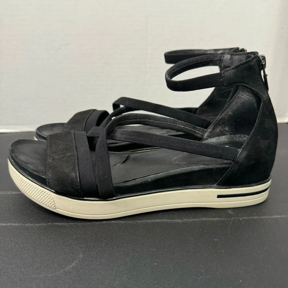Eileen Fisher Sola Black Nubuck Criss Cross Ankle Strap Heel Zipper Sandals